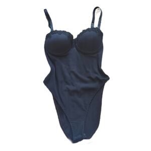 Vintage Carol Maloney lace trim leotard one piece high leg bodysuit M Medium